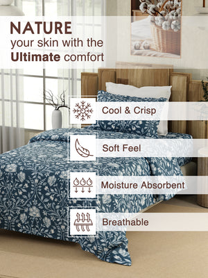 Serenity 100% Cotton 200 TC Navy Single Size Bedsheet with 1 Pillow Cover (Adorn Floral)