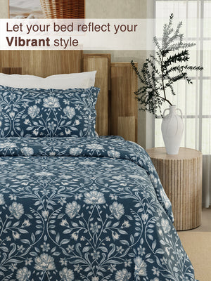 Serenity 100% Cotton 200 TC Navy Single Size Bedsheet with 1 Pillow Cover (Adorn Floral)