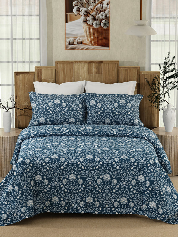 Double Size Bedsheet Set, 100% Cotton 200 TC Navy Adorn Floral Printed