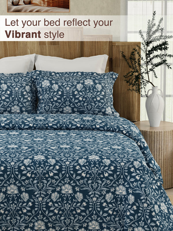 Double Size Bedsheet Set, 100% Cotton 200 TC Navy Adorn Floral Printed