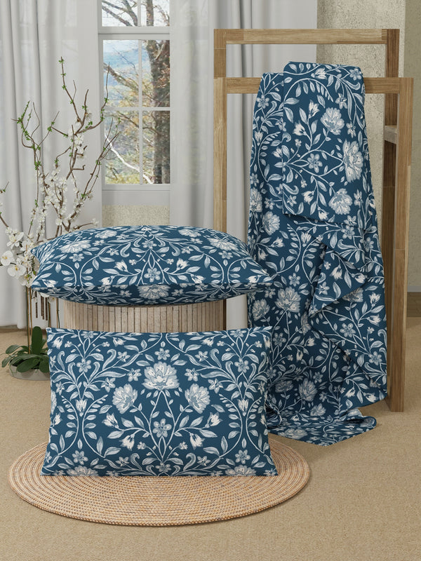Serenity 100% Cotton 200 TC Navy Floral 1 King Size Bedsheet with 2 Pillow Covers