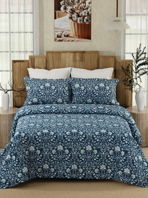 Serenity 100% Cotton 200 TC Navy Floral 1 King Size Bedsheet with 2 Pillow Covers