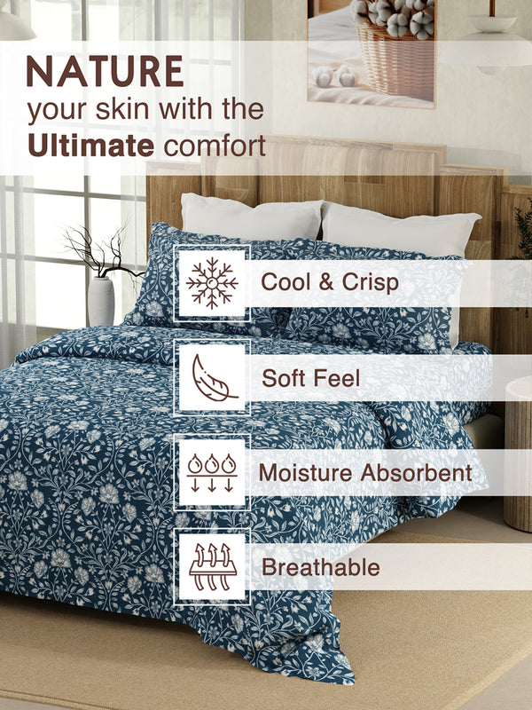 Serenity 100% Cotton 200 TC Navy Floral 1 King Size Bedsheet with 2 Pillow Covers