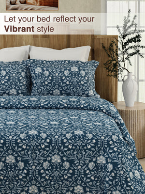 Serenity 100% Cotton 200 TC Navy Floral 1 King Size Bedsheet with 2 Pillow Covers