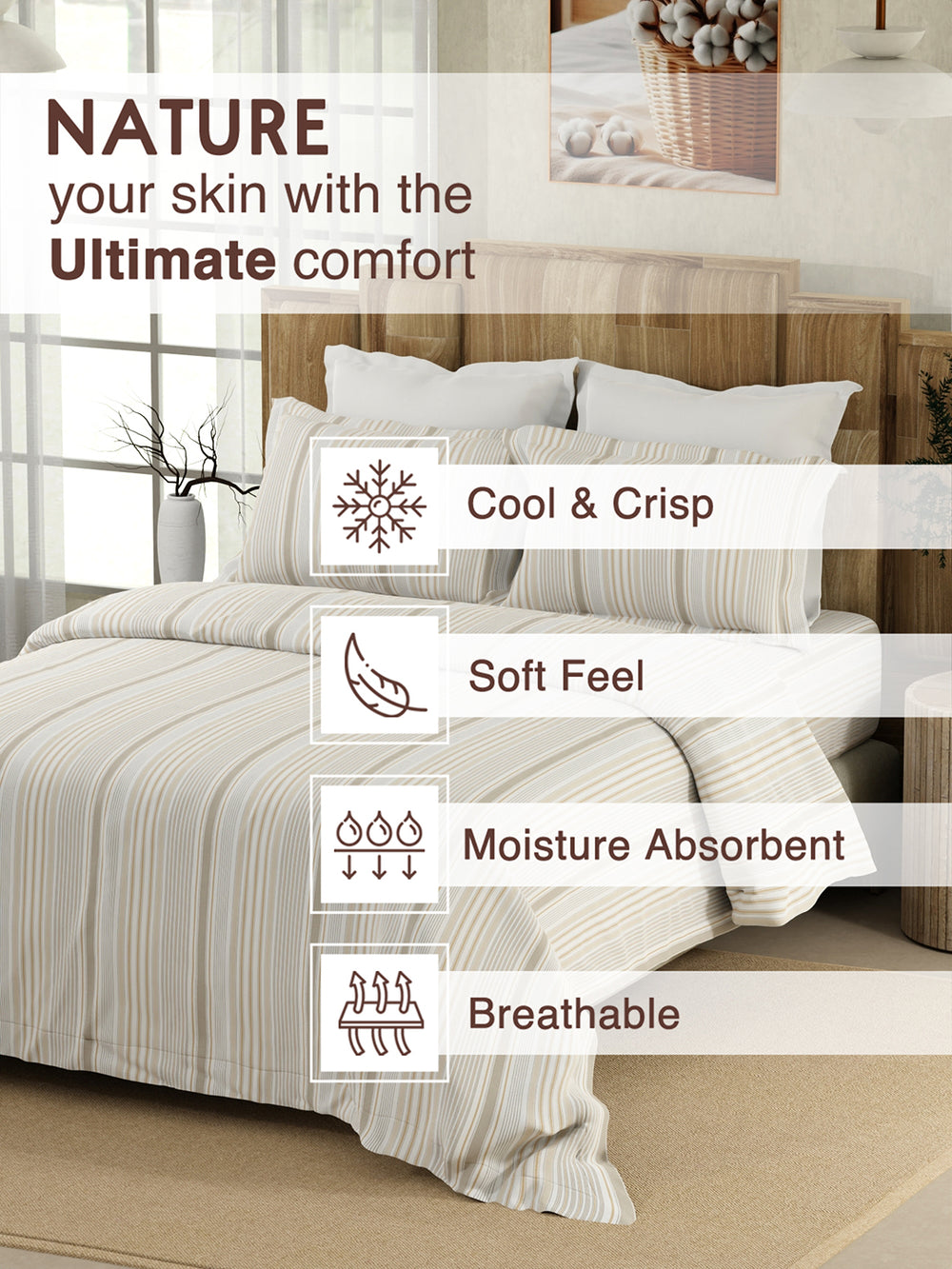 Double Size Bedsheet Set, 100% Cotton 200 TC Beige Textured Stripe Natural Printed