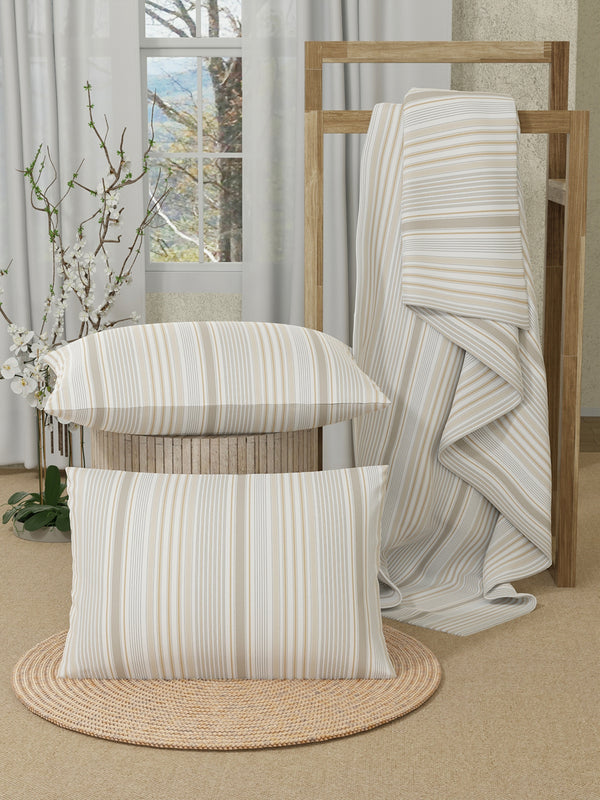 King Size Bedsheet Set, 100% Cotton 200 TC Beige Textured Stripe Natural Printed
