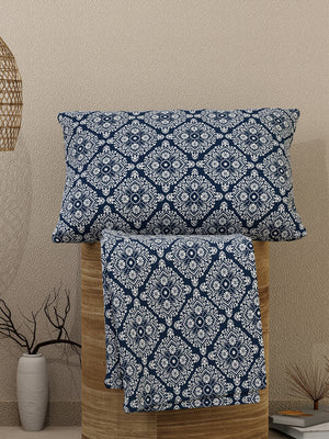 Emaline 100% Cotton 144 TC Navy Ethnic 1 Single Size Bedsheet with 1 Pillow Cover