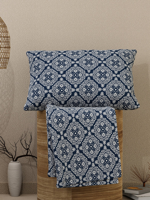 Emaline 100% Cotton 144 TC Navy Ethnic 1 Single Size Bedsheet with 1 Pillow Cover