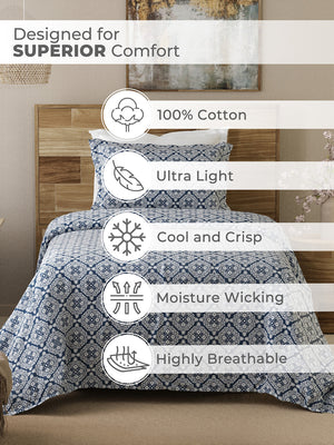 Emaline 100% Cotton 144 TC Navy Ethnic 1 Single Size Bedsheet with 1 Pillow Cover