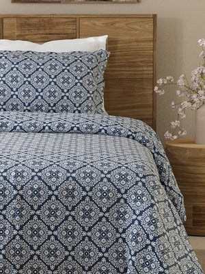 Emaline 100% Cotton 144 TC Navy Ethnic 1 Single Size Bedsheet with 1 Pillow Cover