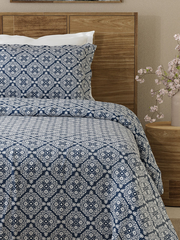 Emaline 100% Cotton 144 TC Navy Ethnic 1 Single Size Bedsheet with 1 Pillow Cover