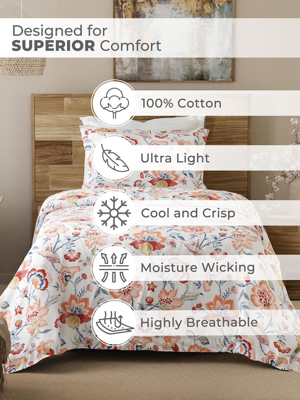 Emaline 100% Cotton 144 TC Multicolor Floral 1 Single Size Bedsheet with 1 Pillow Cover