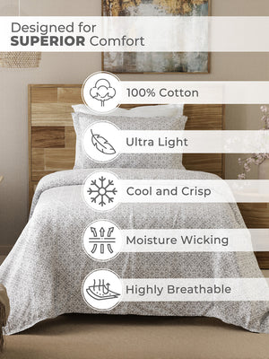 Emaline 100% Cotton 144 TC Grey Ethnic 1 Single Size Bedsheet with 1 Pillow Cover