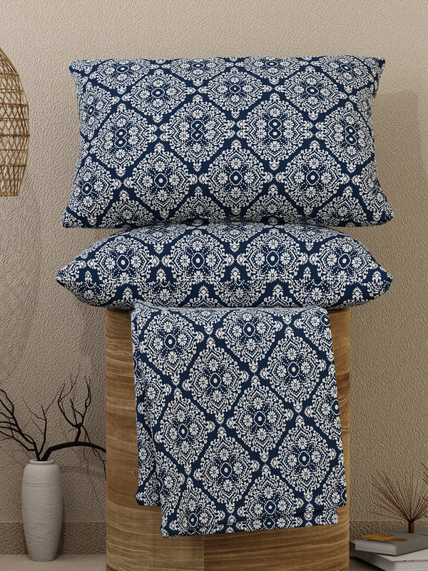 Emaline 100% Cotton 144 TC Navy Geometrical 1 Double Size Bedsheet with 2 Pillow Covers