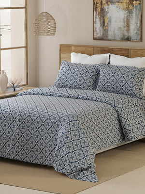 Emaline 100% Cotton 144 TC Navy Geometrical 1 Double Size Bedsheet with 2 Pillow Covers