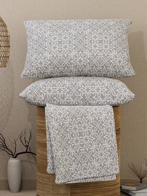 Emaline 100% Cotton 144 TC Grey Ethnic 1 Double Size Bedsheet with 2 Pillow Covers