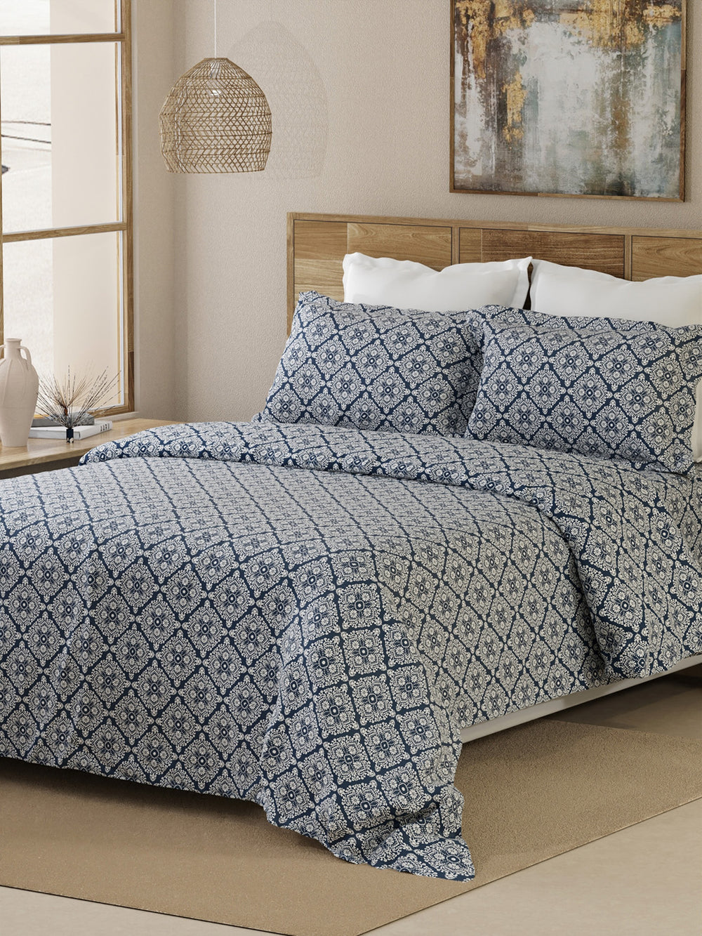 Emaline 100% Cotton 144 TC Navy Ethnic 1 King Size Bedsheet with 2 Pillow Covers