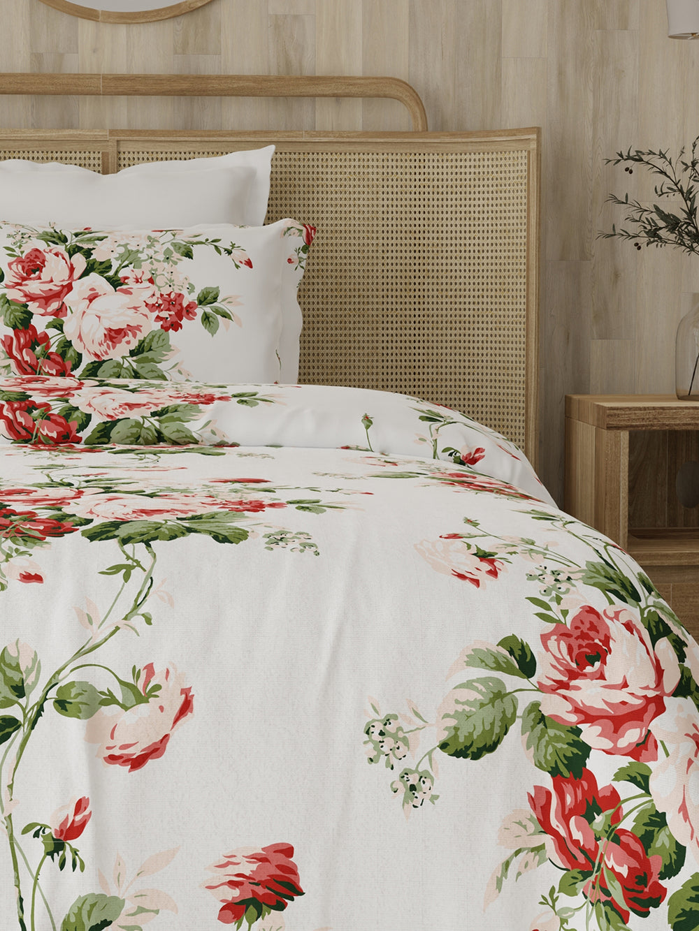 Zen 225 CVC White & Red Single Size Bedsheet with 1 Pillow Cover (Vintage Rose Floral)
