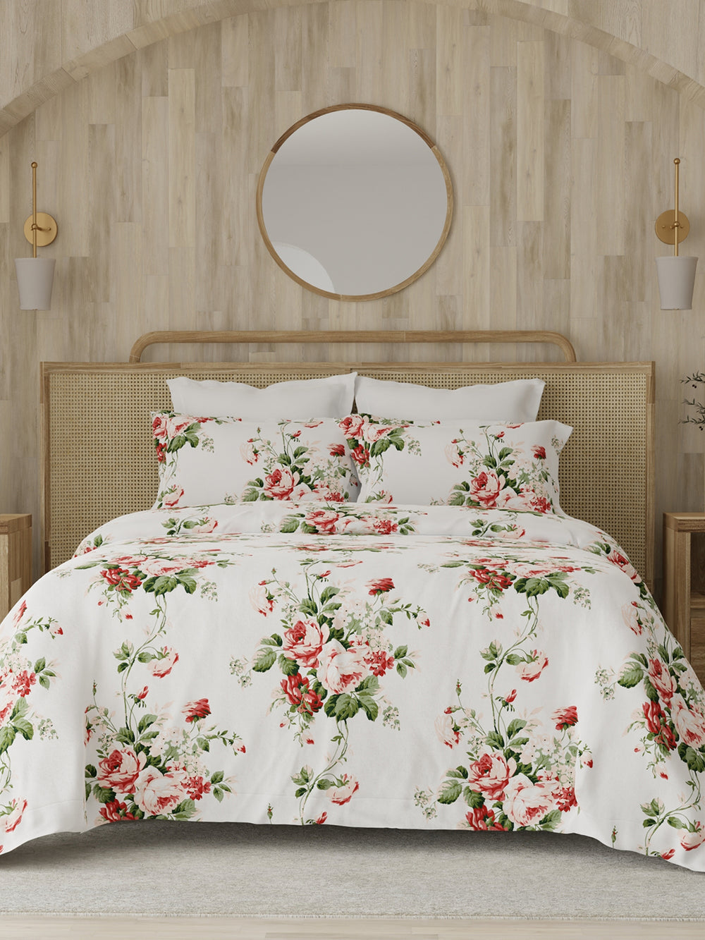 Zen 225 CVC Red & White King Size Bedsheet with 2 Pillow Covers (Vintage Rose Floral)