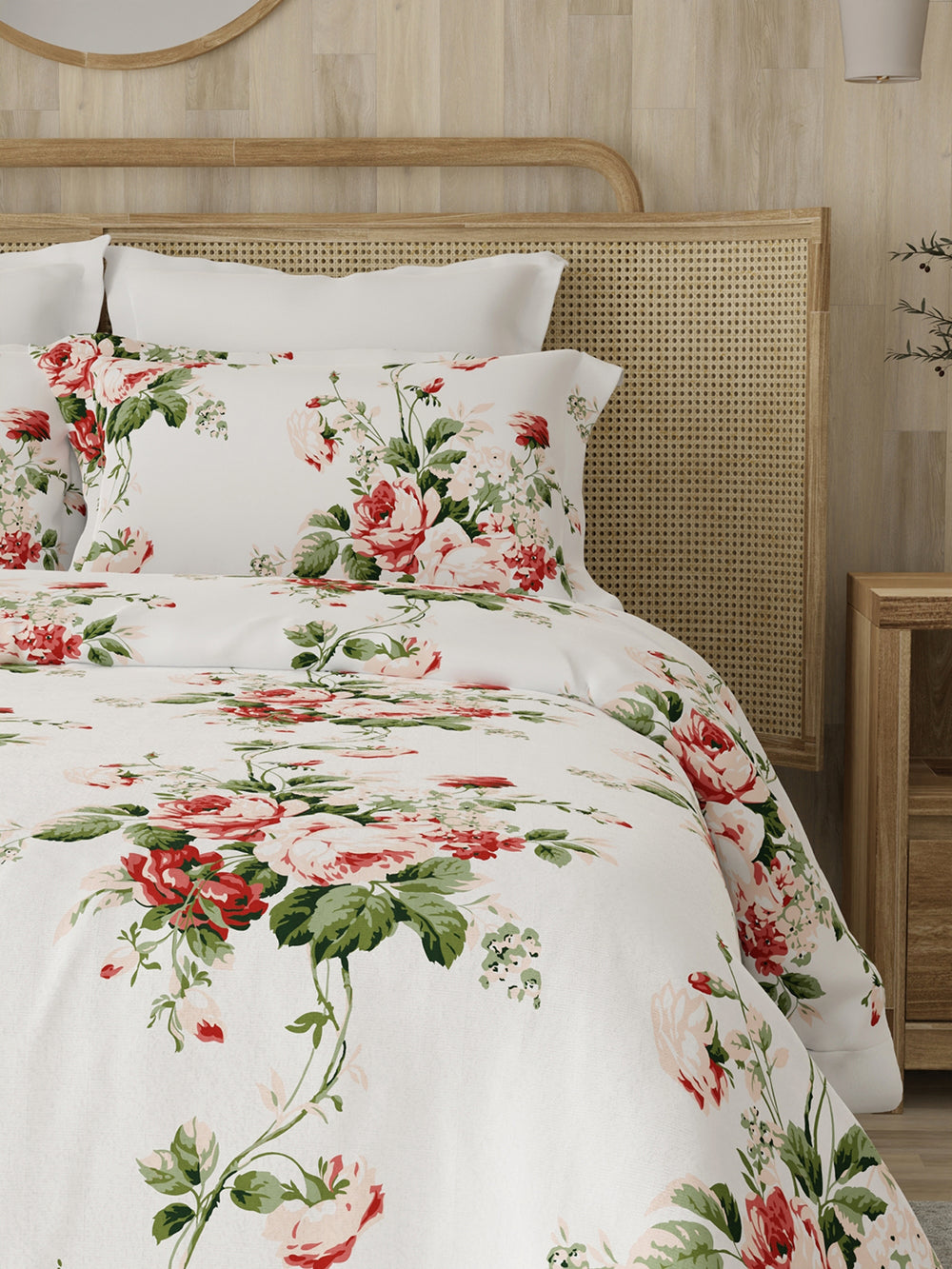 Zen 225 CVC Red & White King Size Bedsheet with 2 Pillow Covers (Vintage Rose Floral)