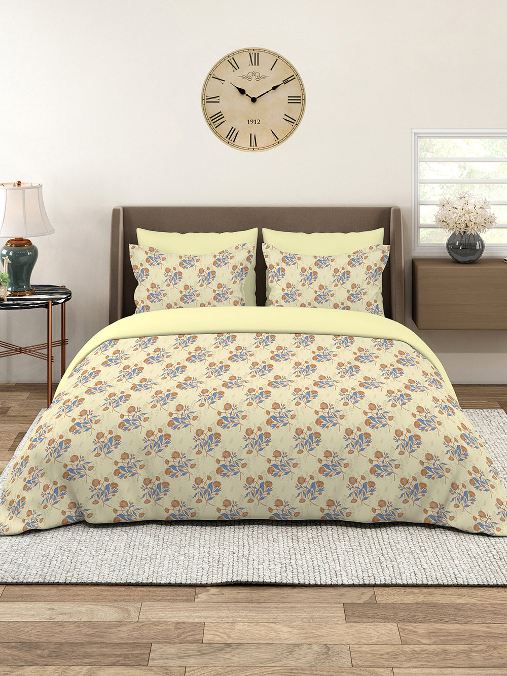 Marigold 100% Cotton 144 TC Light Yellow Floral King Size Bedsheet with 2 Pillow Covers