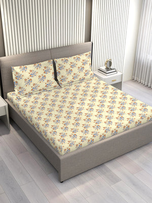 Marigold 100% Cotton 144 TC Light Yellow Floral King Size Bedsheet with 2 Pillow Covers