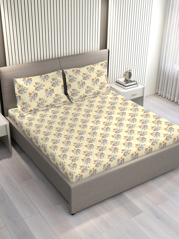 Marigold 100% Cotton 144 TC Light Yellow Floral King Size Bedsheet with 2 Pillow Covers