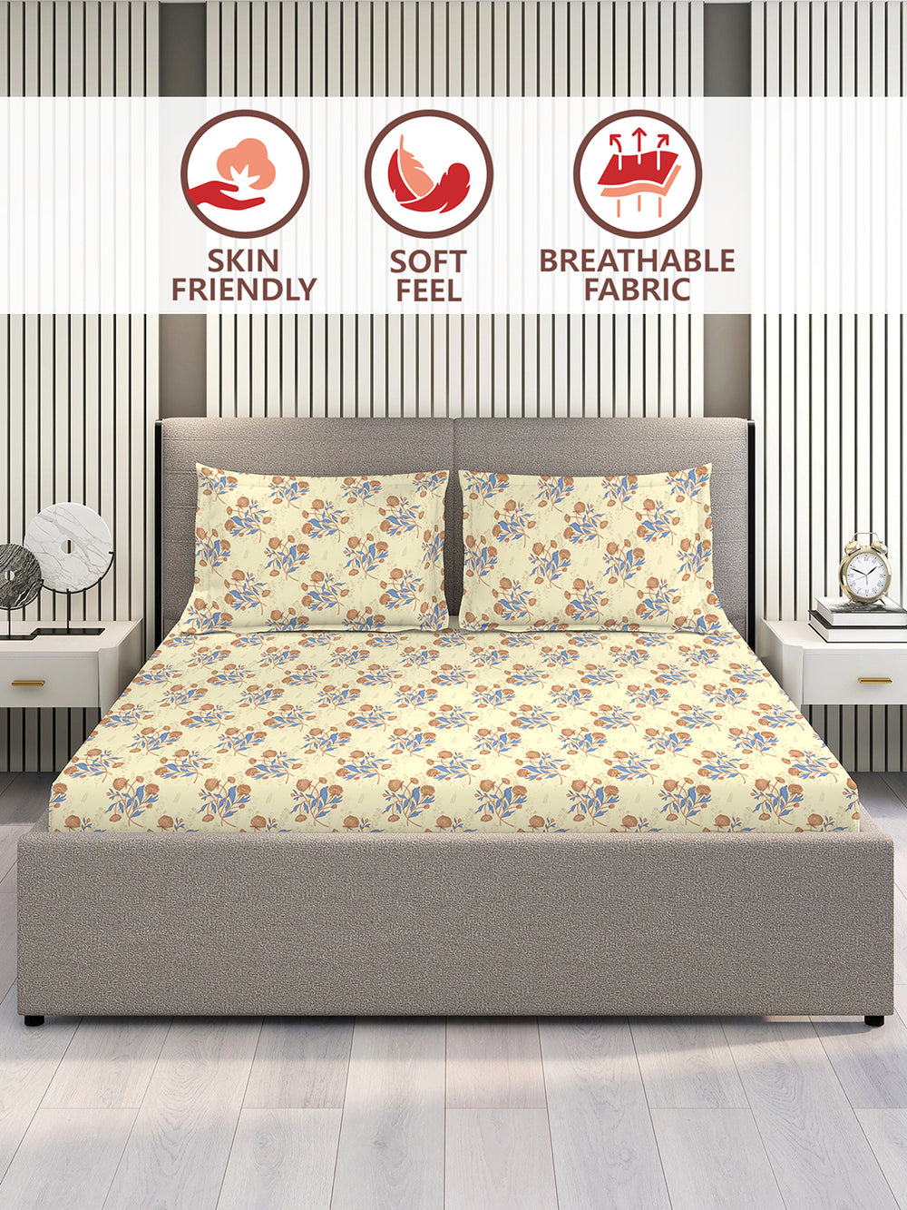 Marigold 100% Cotton 144 TC Light Yellow Floral King Size Bedsheet with 2 Pillow Covers