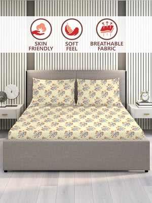 Marigold 100% Cotton 144 TC Light Yellow Floral King Size Bedsheet with 2 Pillow Covers