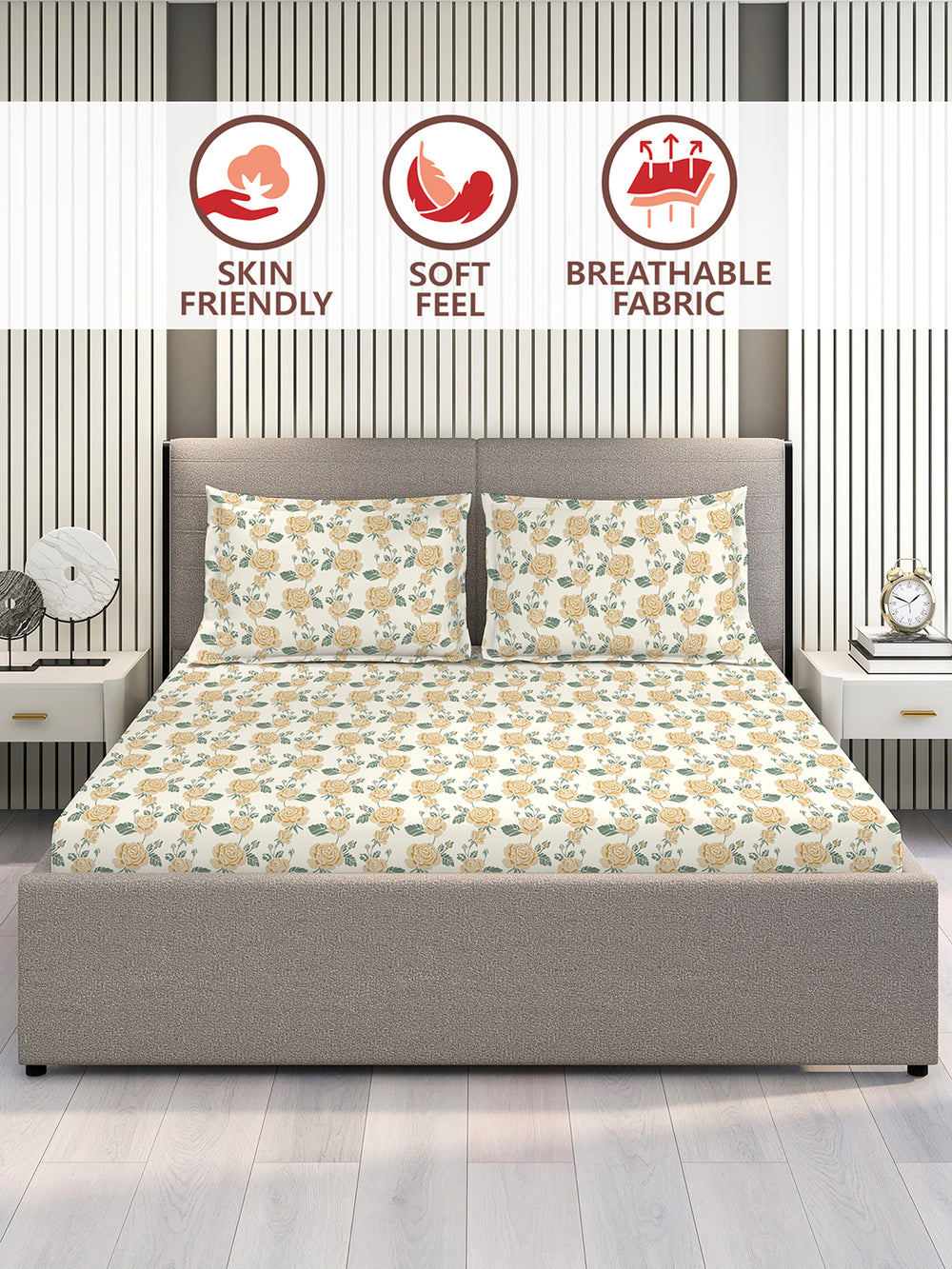 Marigold 100% Cotton 144 TC Cream Floral King Size Bedsheet with 2 Pillow Covers