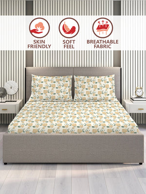 Marigold 100% Cotton 144 TC Cream Floral King Size Bedsheet with 2 Pillow Covers