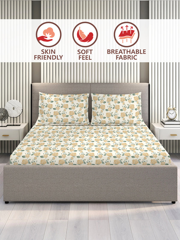 Marigold 100% Cotton 144 TC Cream Floral King Size Bedsheet with 2 Pillow Covers