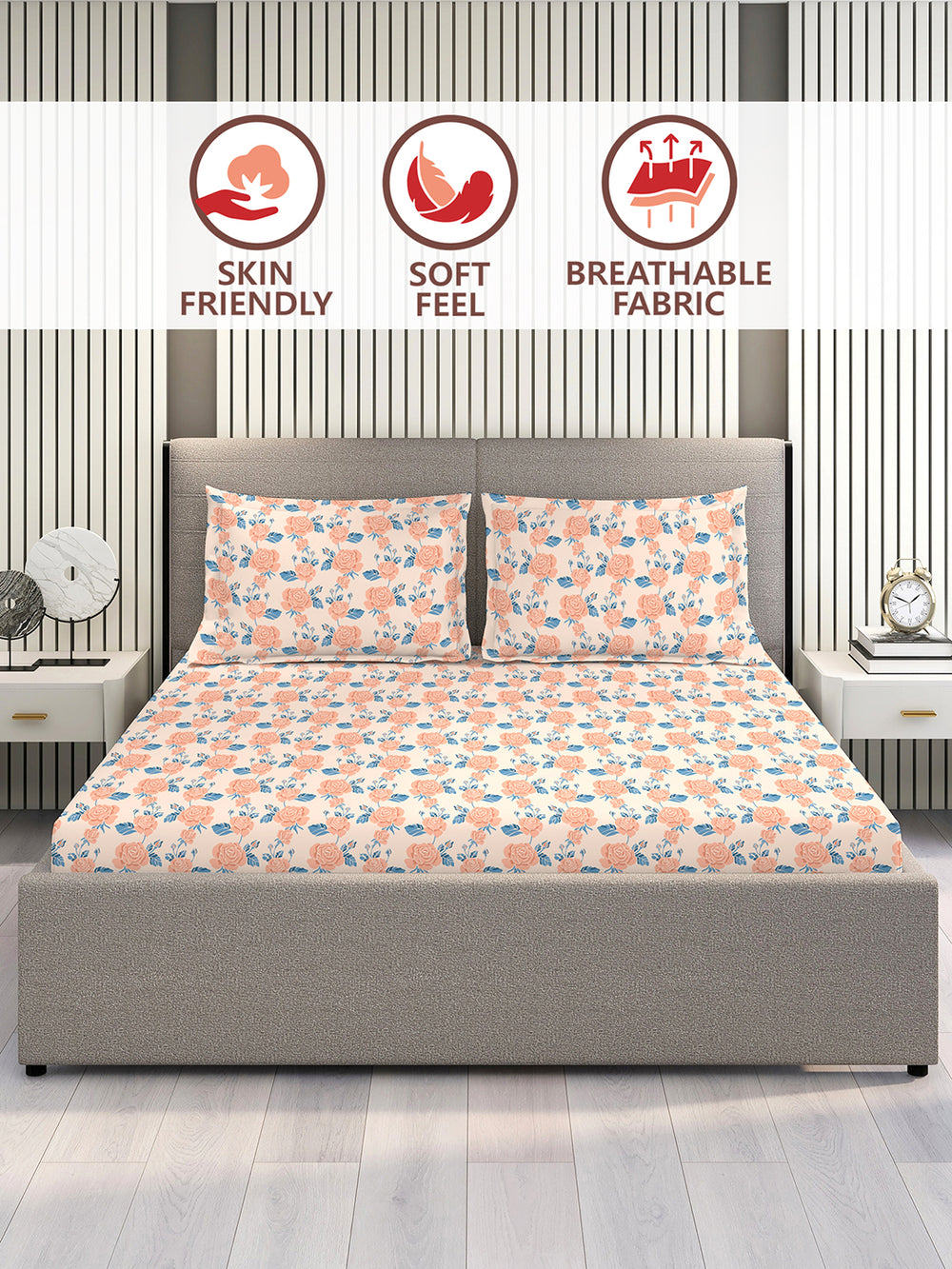 Marigold 100% Cotton 144 TC Peach Floral King Size Bedsheet with 2 Pillow Covers