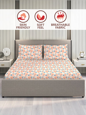 Marigold 100% Cotton 144 TC Peach Floral 1 King Size Bedsheet with 2 Pillow Covers