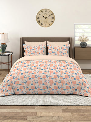 Marigold 100% Cotton 144 TC Peach Floral 1 King Size Bedsheet with 2 Pillow Covers
