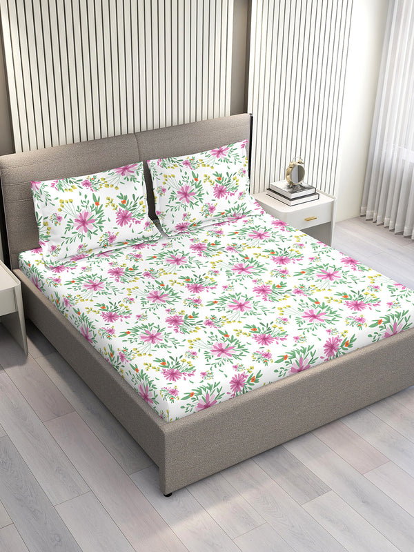 Marigold 100% Cotton 144 TC Multicolor Floral King Size Bedsheet with 2 Pillow Covers