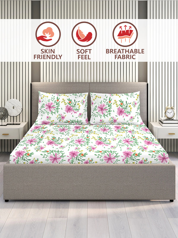 Marigold 100% Cotton 144 TC Multicolor Floral King Size Bedsheet with 2 Pillow Covers