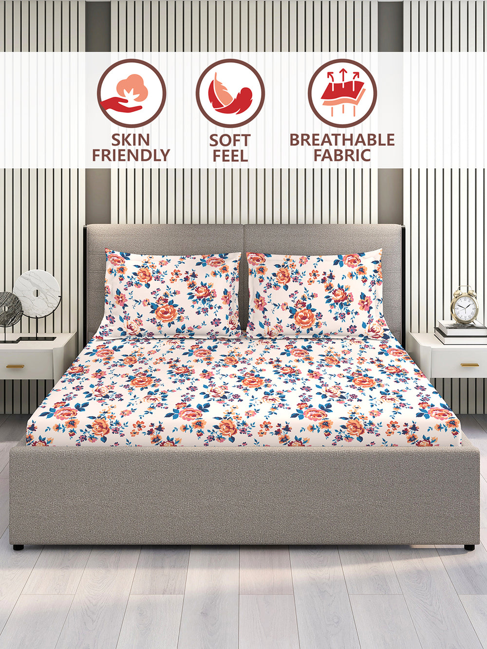 Marigold 100% Cotton 144 TC Pink Floral King Size Bedsheet with 2 Pillow Covers