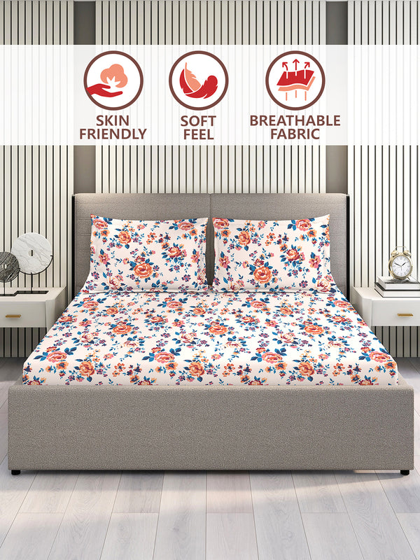 Marigold 100% Cotton 144 TC Pink Floral 1 King Size Bedsheet with 2 Pillow Covers
