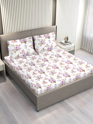 Marigold 100% Cotton 144 TC Purple White Floral King Size Bedsheet with 2 Pillow Covers