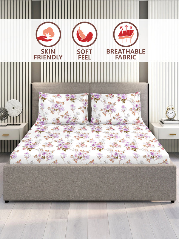 Marigold 100% Cotton 144 TC Purple White Floral King Size Bedsheet with 2 Pillow Covers