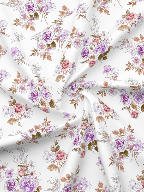 Marigold 100% Cotton 144 TC Purple White Floral King Size Bedsheet with 2 Pillow Covers
