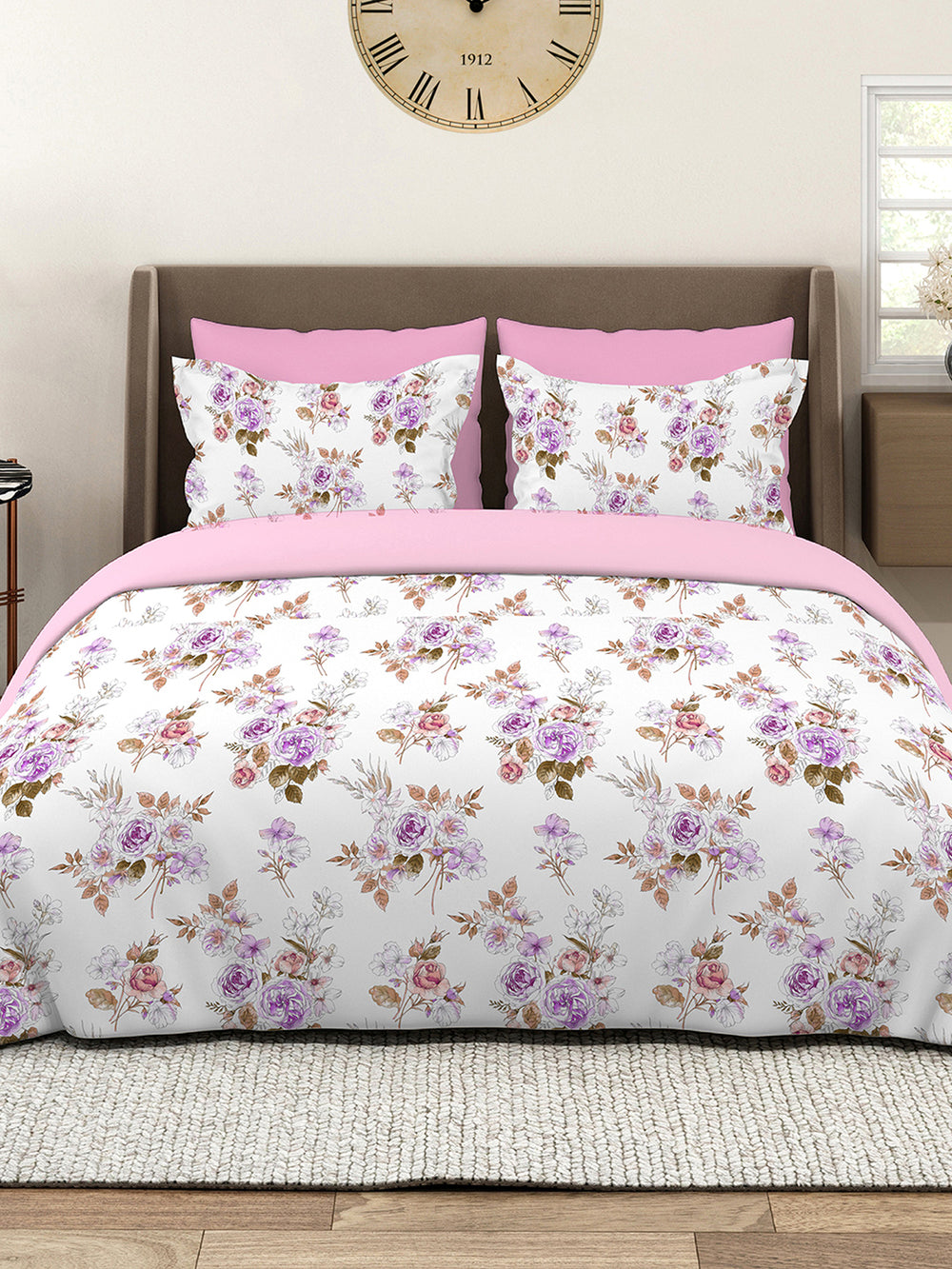 Marigold 100% Cotton 144 TC Purple White Floral King Size Bedsheet with 2 Pillow Covers