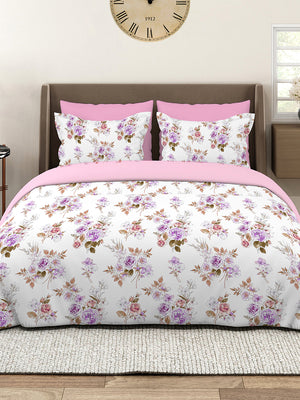 Marigold 100% Cotton 144 TC Purple White Floral King Size Bedsheet with 2 Pillow Covers