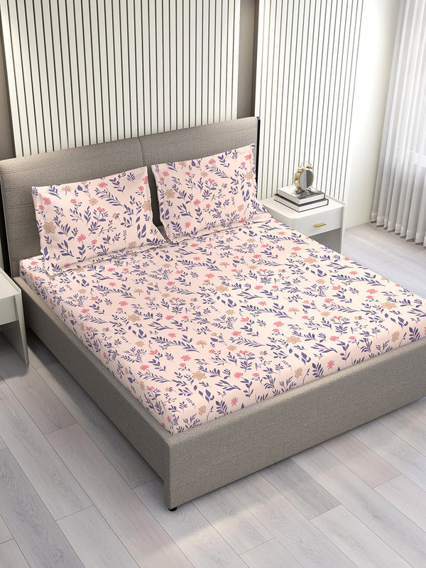 Marigold 100% Cotton 144 TC Pink Floral King Size Bedsheet with 2 Pillow Covers