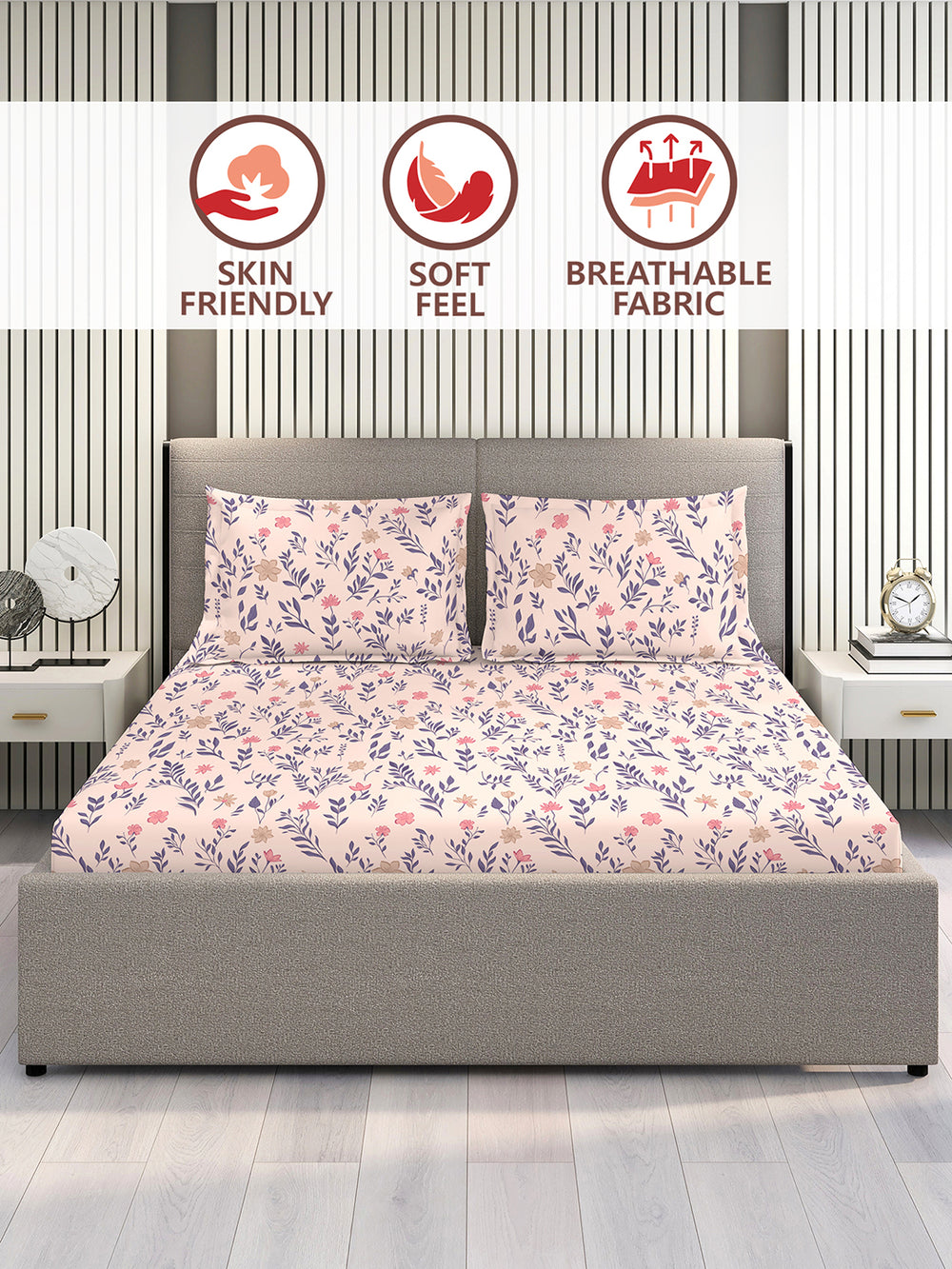 Marigold 100% Cotton 144 TC Pink Floral King Size Bedsheet with 2 Pillow Covers