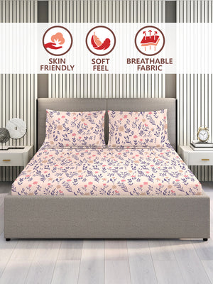 Marigold 100% Cotton 144 TC Pink Floral King Size Bedsheet with 2 Pillow Covers