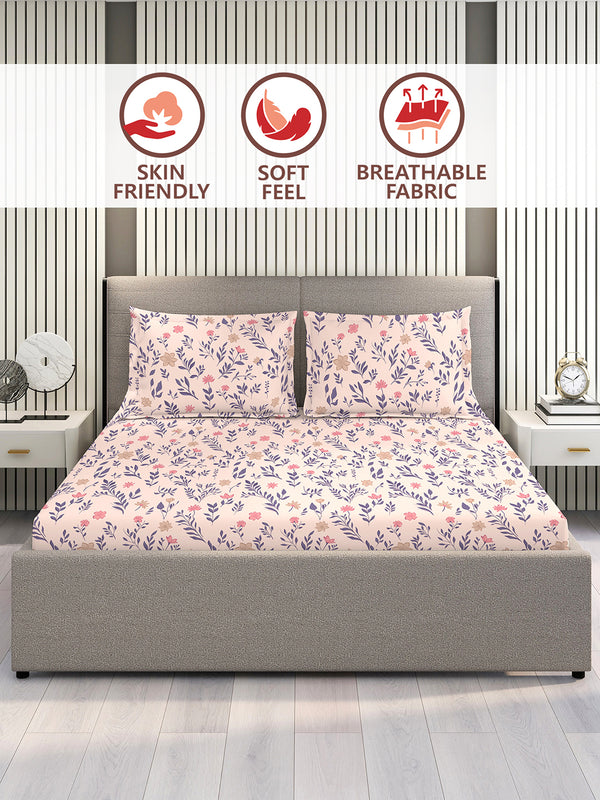 Marigold 100% Cotton 144 TC Pink Floral King Size Bedsheet with 2 Pillow Covers