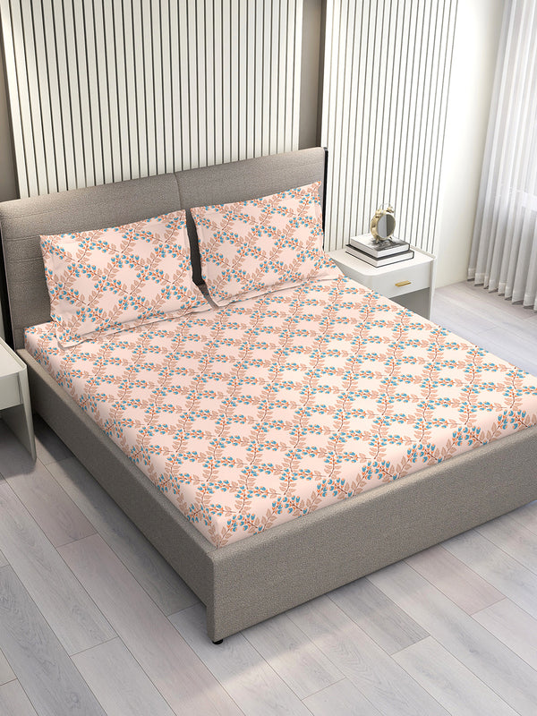 Marigold 100% Cotton 144 TC Peach Floral King Size Bedsheet with 2 Pillow Covers