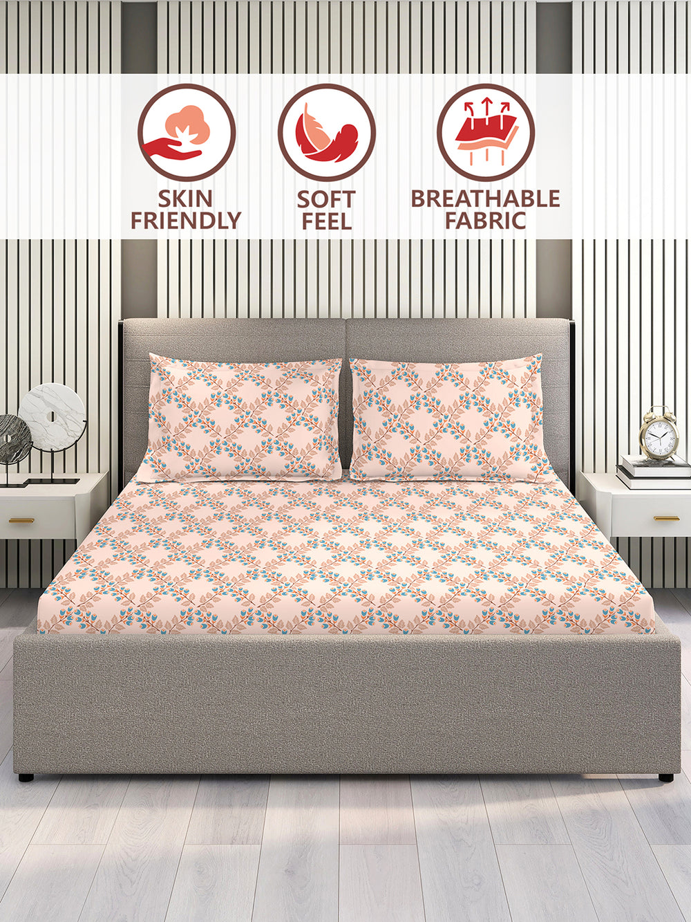 Marigold 100% Cotton 144 TC Peach Floral King Size Bedsheet with 2 Pillow Covers